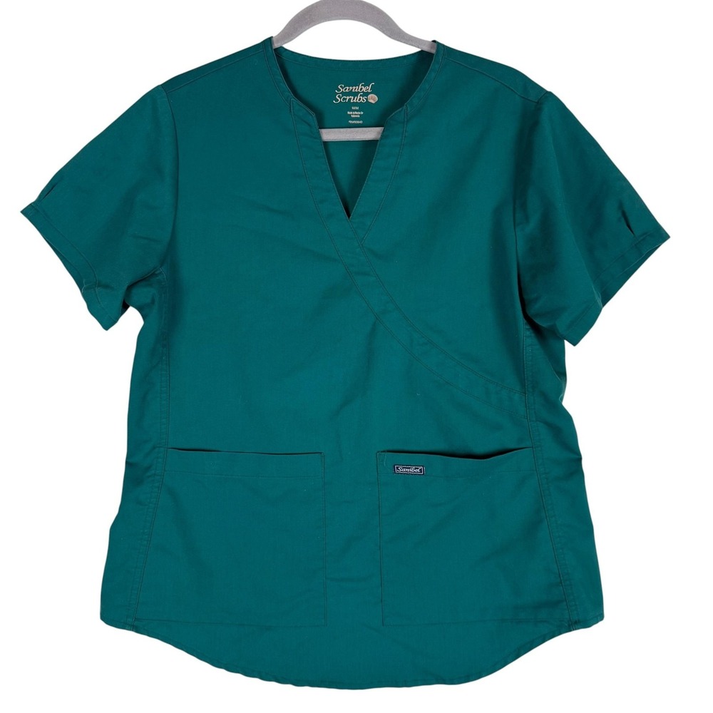 Sanibel Scrubs Shirt Womens Medium Green V Neck Scrub Top‎ Short Sleeve Pockets